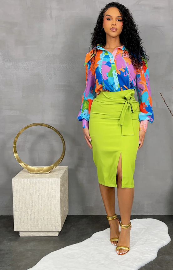 Strap Waist Detail Slit Midi H-Line Skirt - Neon