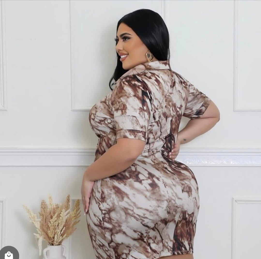 BROWN MARBLE MIX BUTTON UP STRETCHY Dress