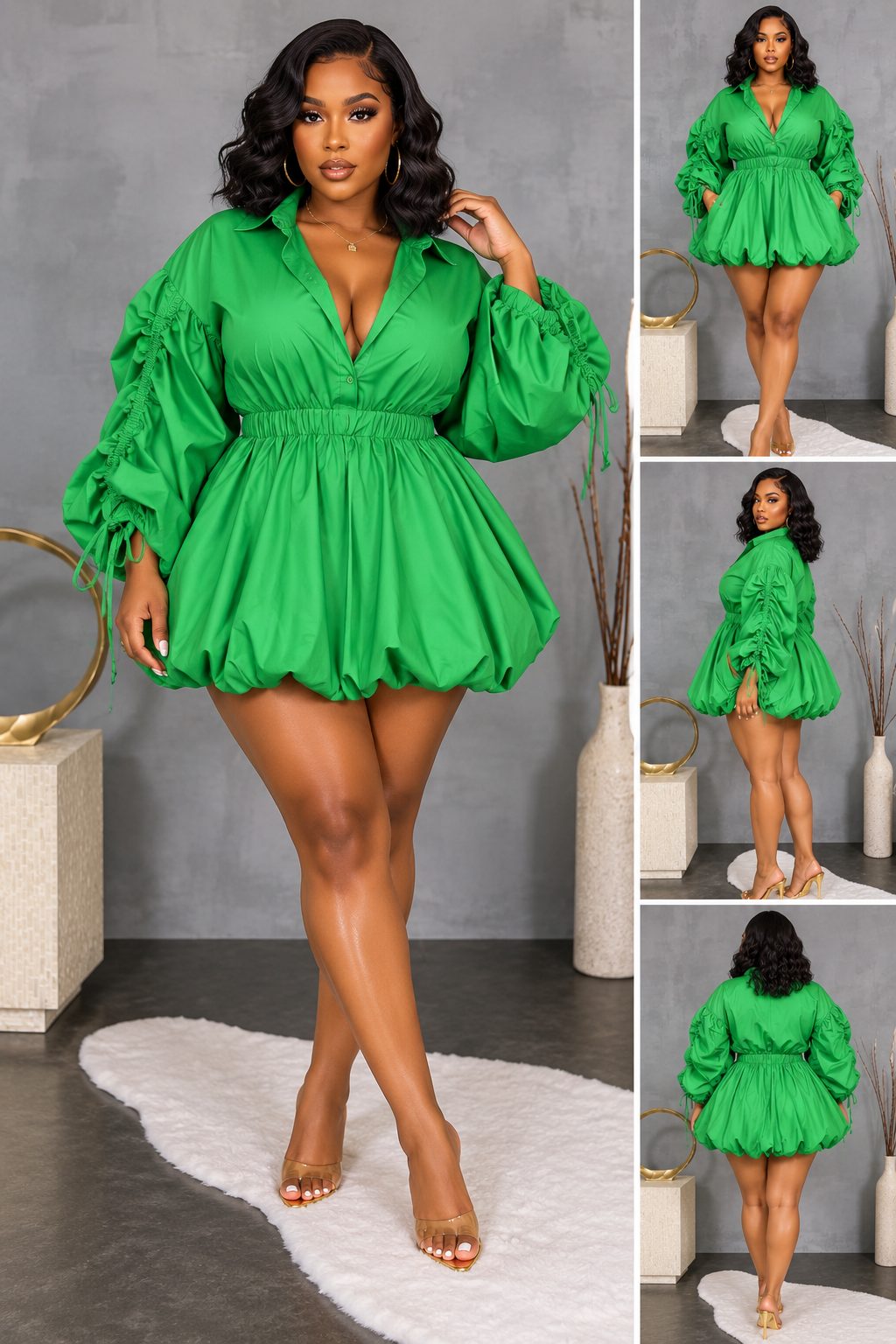 RUCHED SLEEVE BUBBLE MINI DRESS (PLUS)