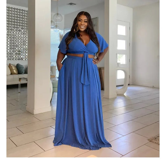 Blue 2 piece Maxi Skirt set w pockets