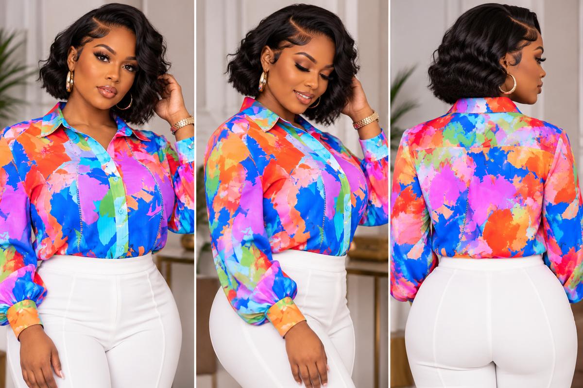 Women's Multicolor Abstract Print Long Sleeve Button Down Blouse